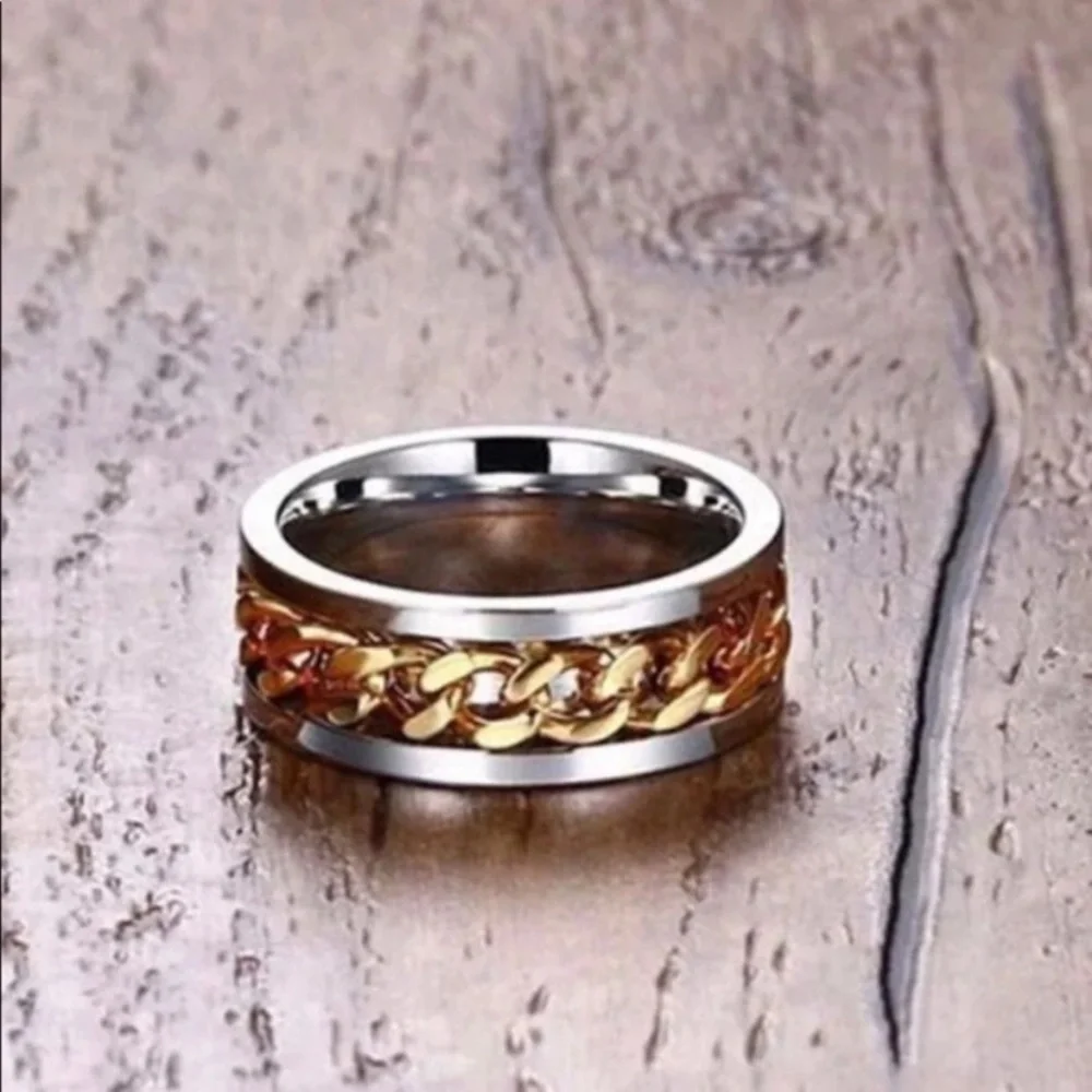 NEW Men’s Gold Chain Spinner Ring Silver Stainless Steel Fidget Jewelry 8mm